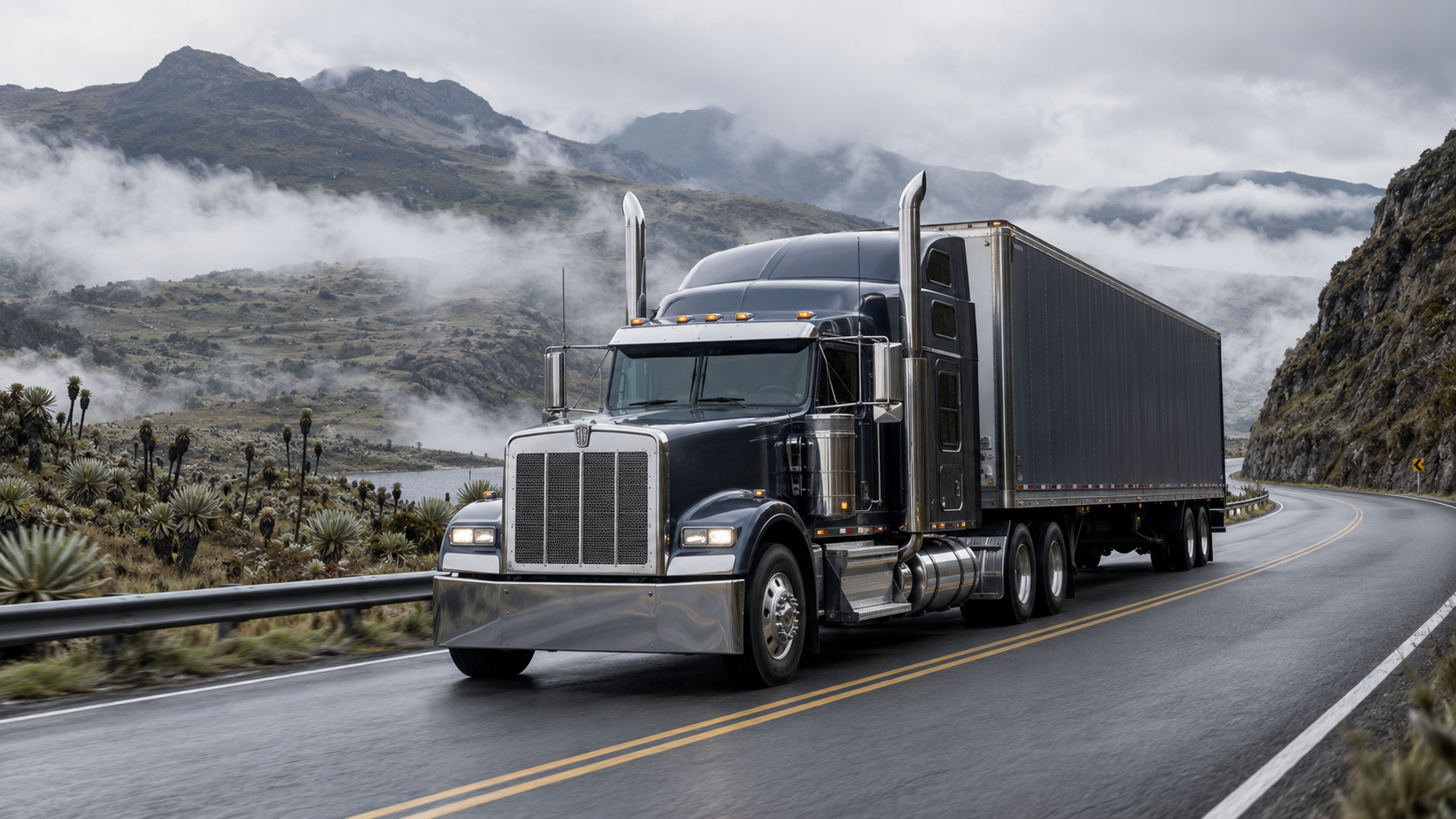 Freight truck traveling through a Colombian mountain route.